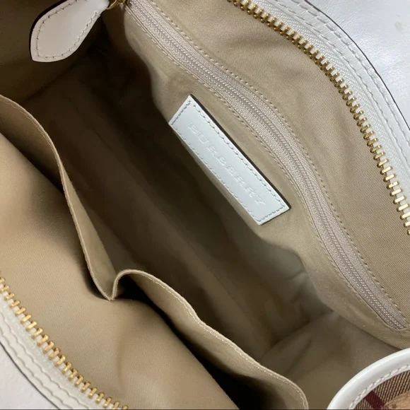 VTG Burberry Minford Satchel Haymarket Coated Canvas White Leather Gold Hardware - Picture 11 of 16
